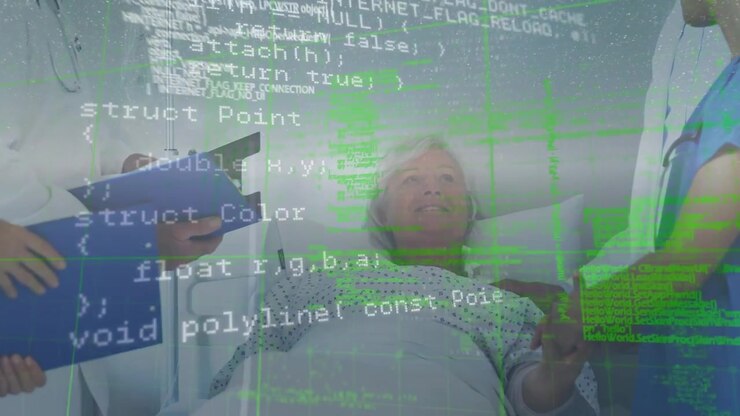 Animation of digital interface over two caucasian doctors with female patient