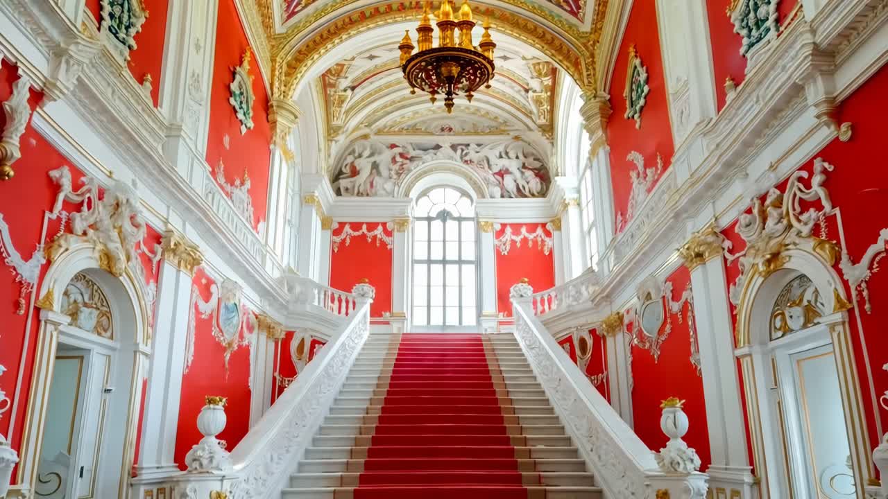 una escalera roja y blanca en un edificio rojo y dorado