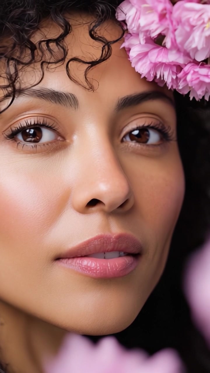 A Close-Up Portrait of a Woman with Beautiful Curls and Delicate Pink Flowers Surrounding Her Face, Capturing Natural Beauty and Serene Expressions