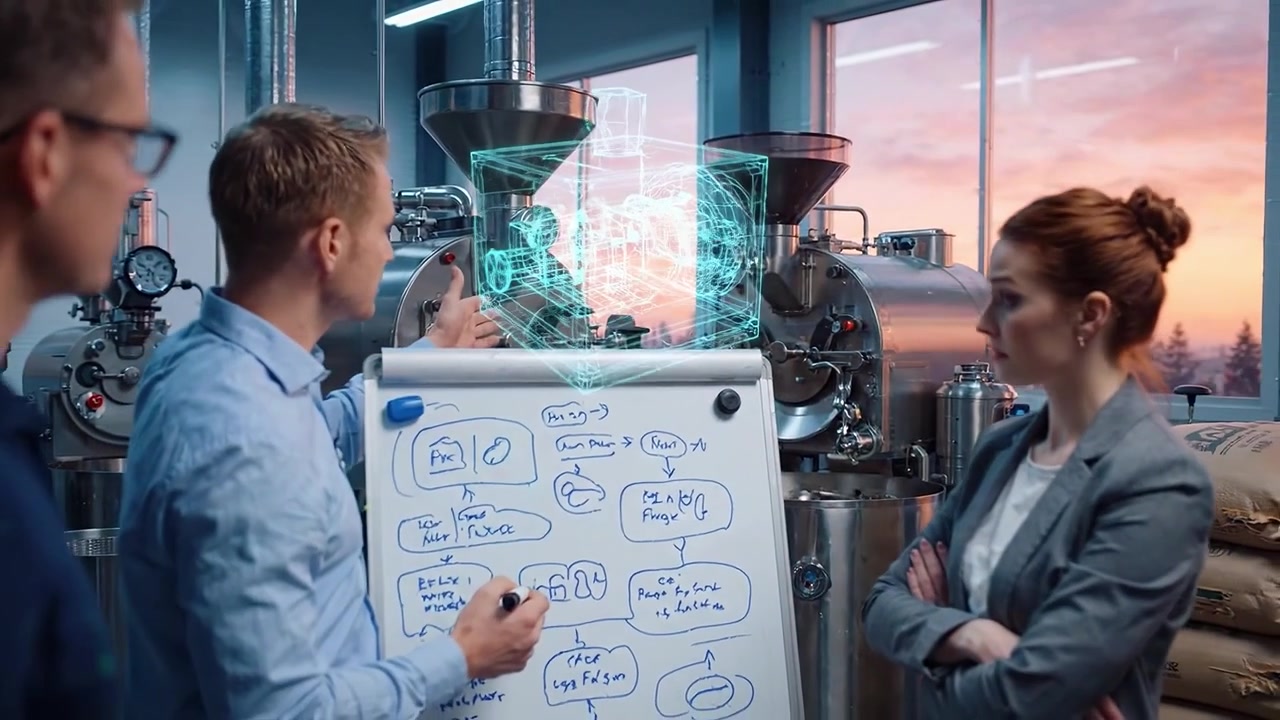 Forretningsteam bruger augmented reality til at diskutere industrielle planer på en fabrik.