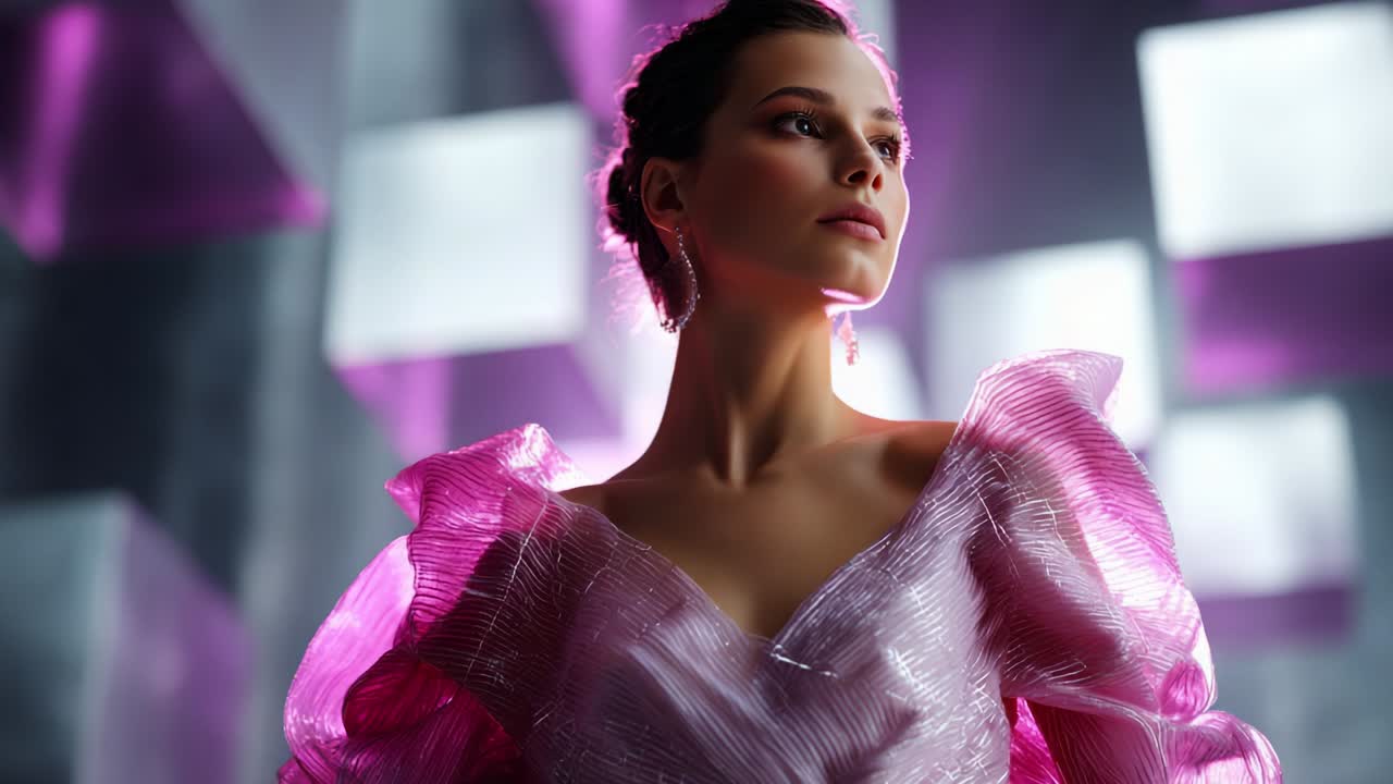 Captivating Elegance: A Striking Model in a Dazzling Pink Dress Against a Futuristic Backdrop, Showcasing Stunning Fashion and Exquisite Style with Mesmerizing Lighting and Sophisticated Detailing