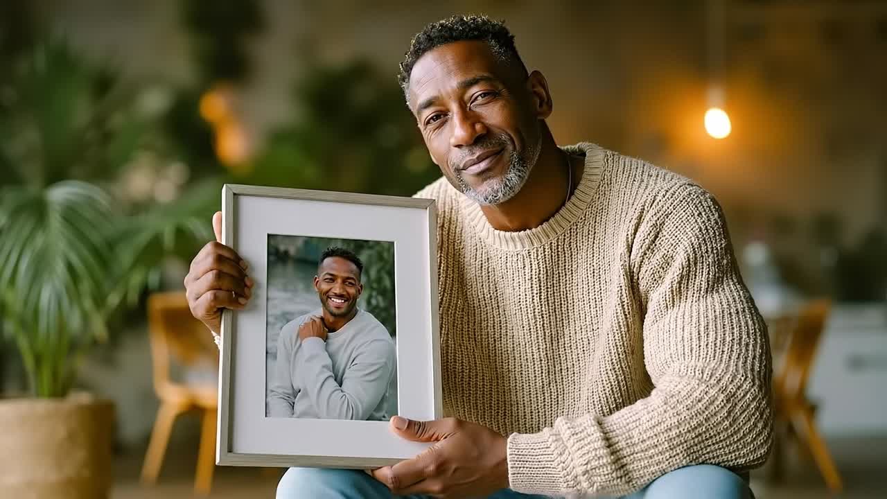 A man holding up a framed photo of himself