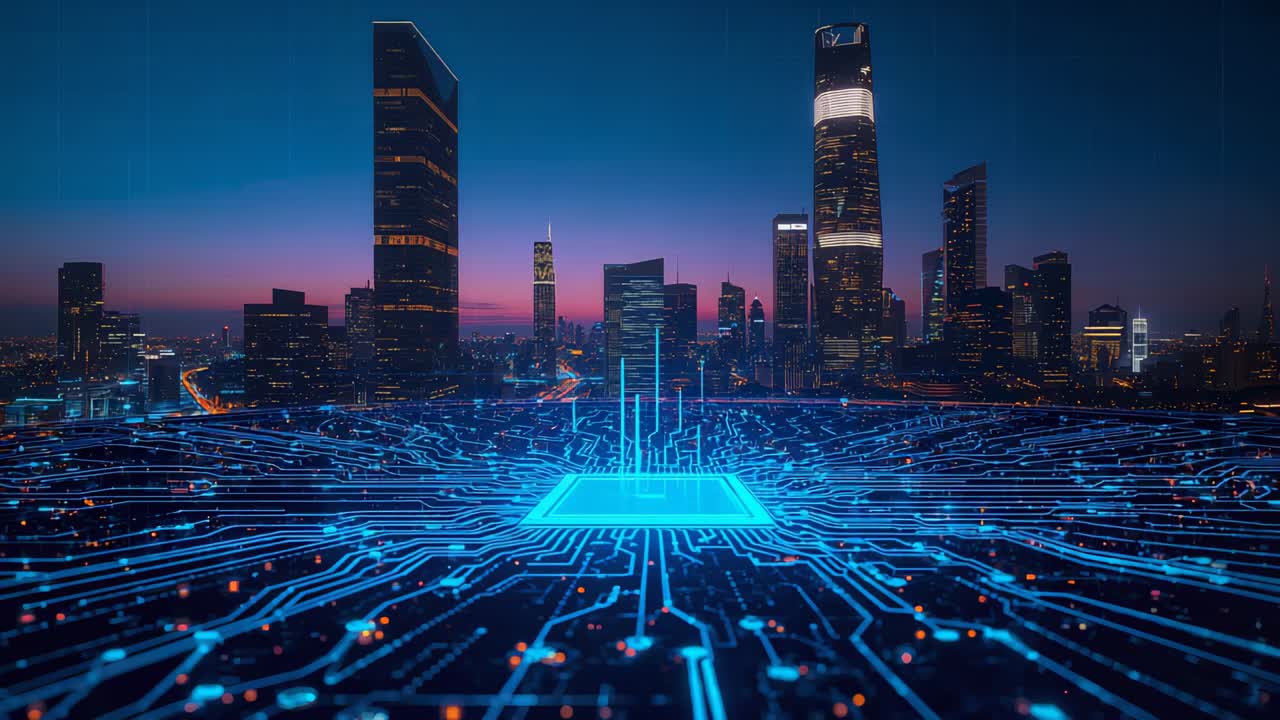 Electric-blue traces spurring microchip sending pulses on circuit grid amid dusk futuristic skyline