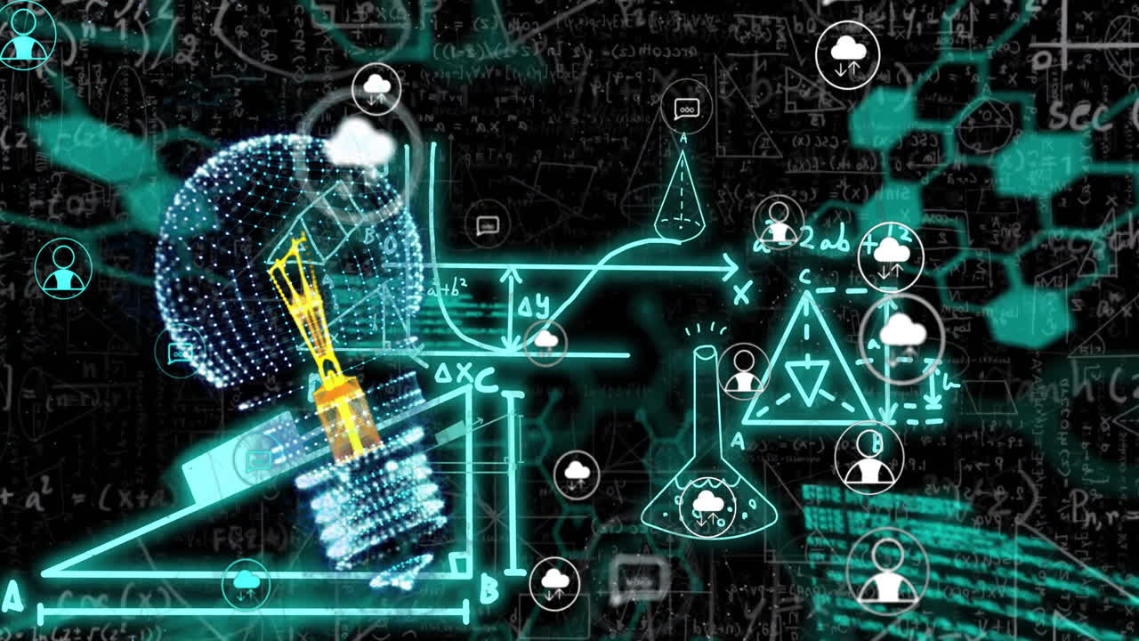 Animation of light bulb with icons over mathematical equations on blue background