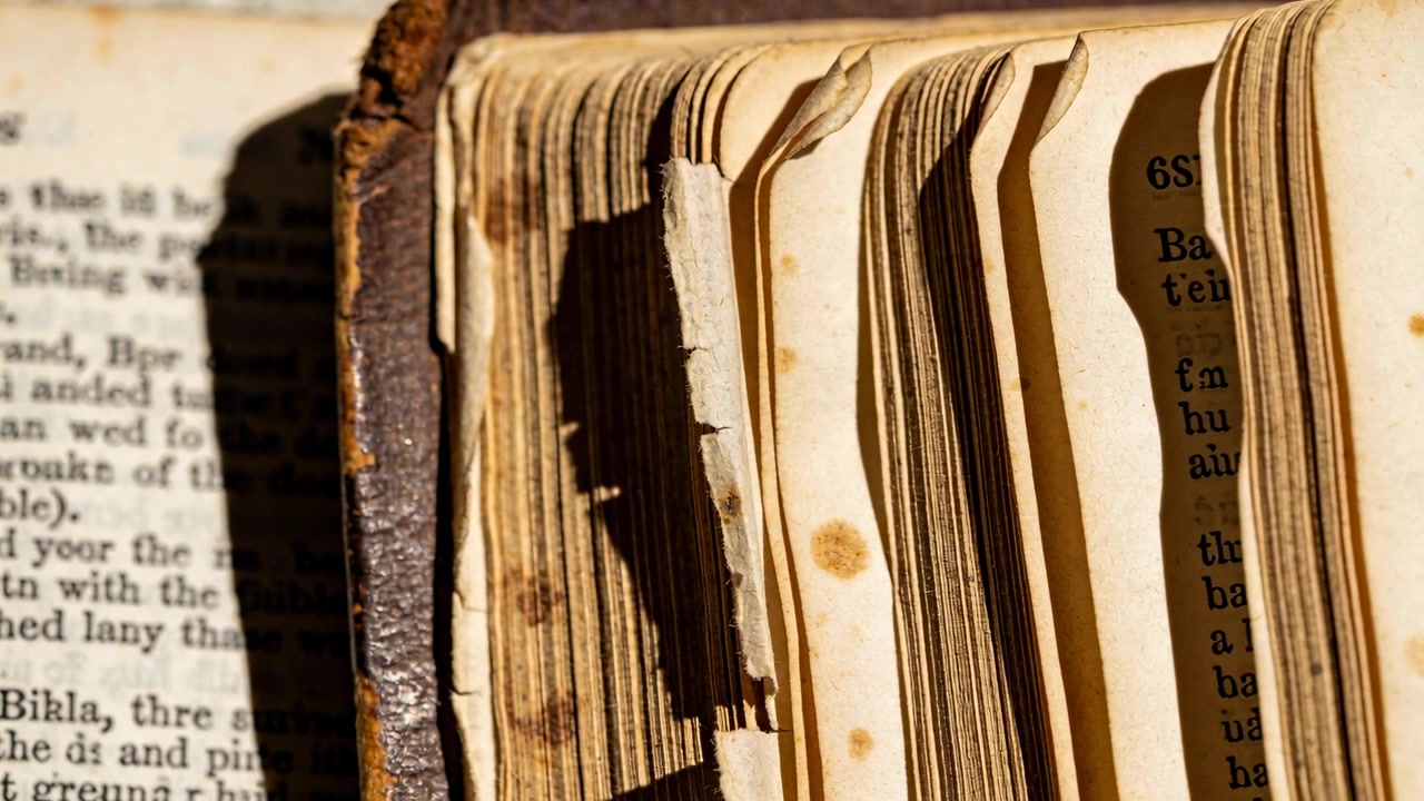 Telecamera che scorre rivelando il taglio anteriore di un libro antico con fioriture e pagine non rifilate in uno studio, per l'archivio.