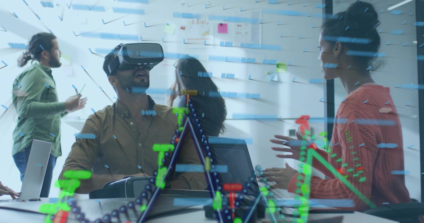 Presenter putting on VR headset, manipulating blue data lines and green red helix for design review