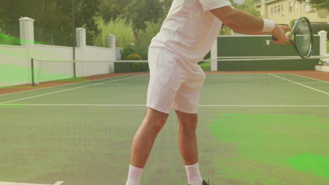 tennis player stepping forward on green court, showing animated sports stats and speed lines