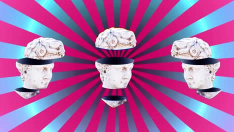 Animation-of-antique-head-sculptures-pink-stripes-spinning-in-background
