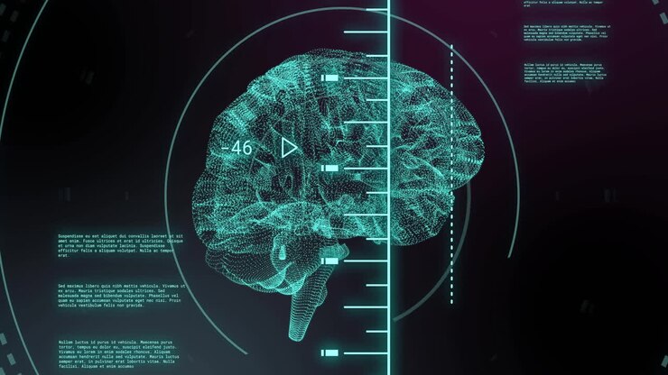 Animation of human brain and digital data processing over black background
