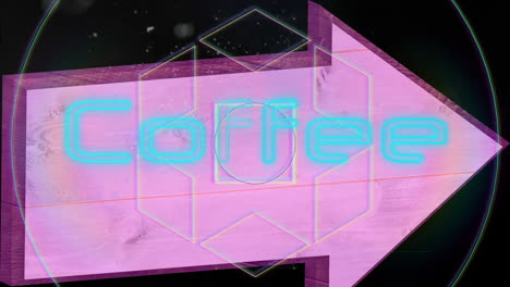 animation of coffee text in blue neon over line shapes and pink arrow on black background