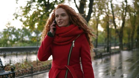 Joven-Hermosa-Mujer-Hablando-Por-Su-Teléfono-Móvil-Sobre-Un-Fondo-De-Hojas-Amarillas-Y-Rojas-Mientras-Camina-En-El-Parque-De-Otoño