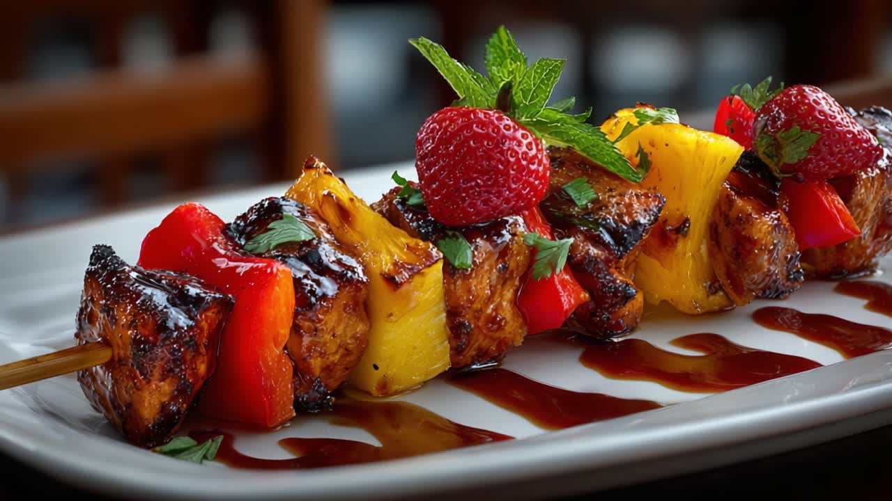 Deliciosas brochetas de pollo a la parrilla con coloridas verduras, piña jugosa y fresas frescas cubiertas con menta para un plato de verano perfecto.
