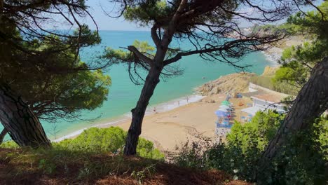 small mediterranean beach in sant pol de mar coast of barcelona sunny day turquoise water view through some trees from the height shoot slider