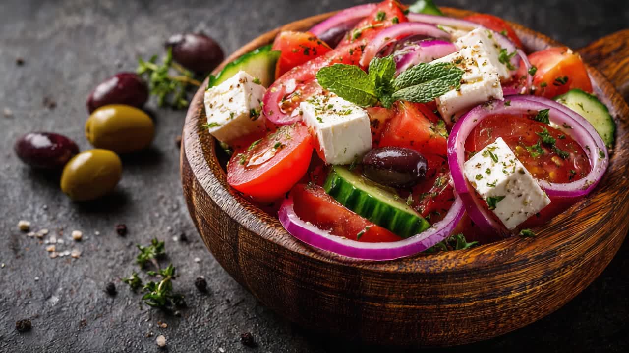 A Fresh and Colorful Greek Salad Served in a Wooden Bowl, Featuring Sweet Tomatoes, Crisp Cucumbers, Red Onions, and Creamy Feta Cheese with a Touch of Herbs and Olives
