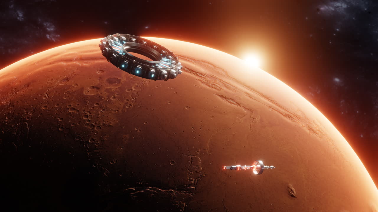 Vista di Marte e di un'astronave.