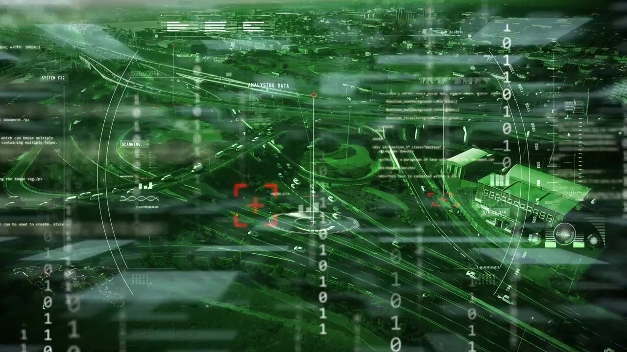 HUD activating, framing highway roundabout while marker rising and reticle pulsing, analysing flow