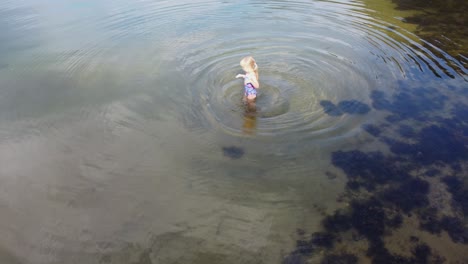 Cute-blonde-female-child-playing-and-having-fun-in-Norwegian-fjord-during-summer-vacation---Sunlight-hits-girl-jumping-on-sand-bottom---Aerial-orbiting-and-passing-over-child