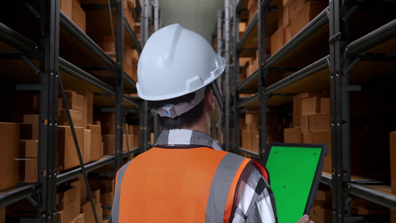 vista cercana de atrás de un ingeniero masculino asiático con casco de seguridad de pie en el almacén con estantes llenos de productos de entrega. usando la tableta de pantalla verde y mirando alrededor del almacén