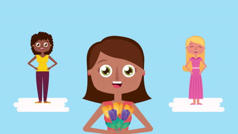 grupo de personajes de niñas interraciales animación