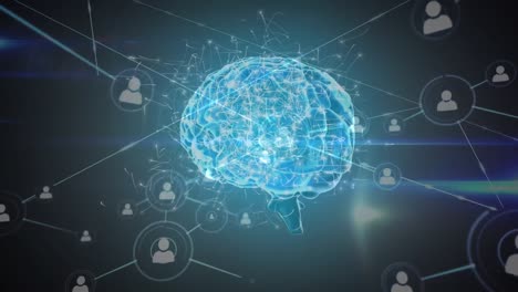 animación del cerebro humano y red de conexiones con iconos