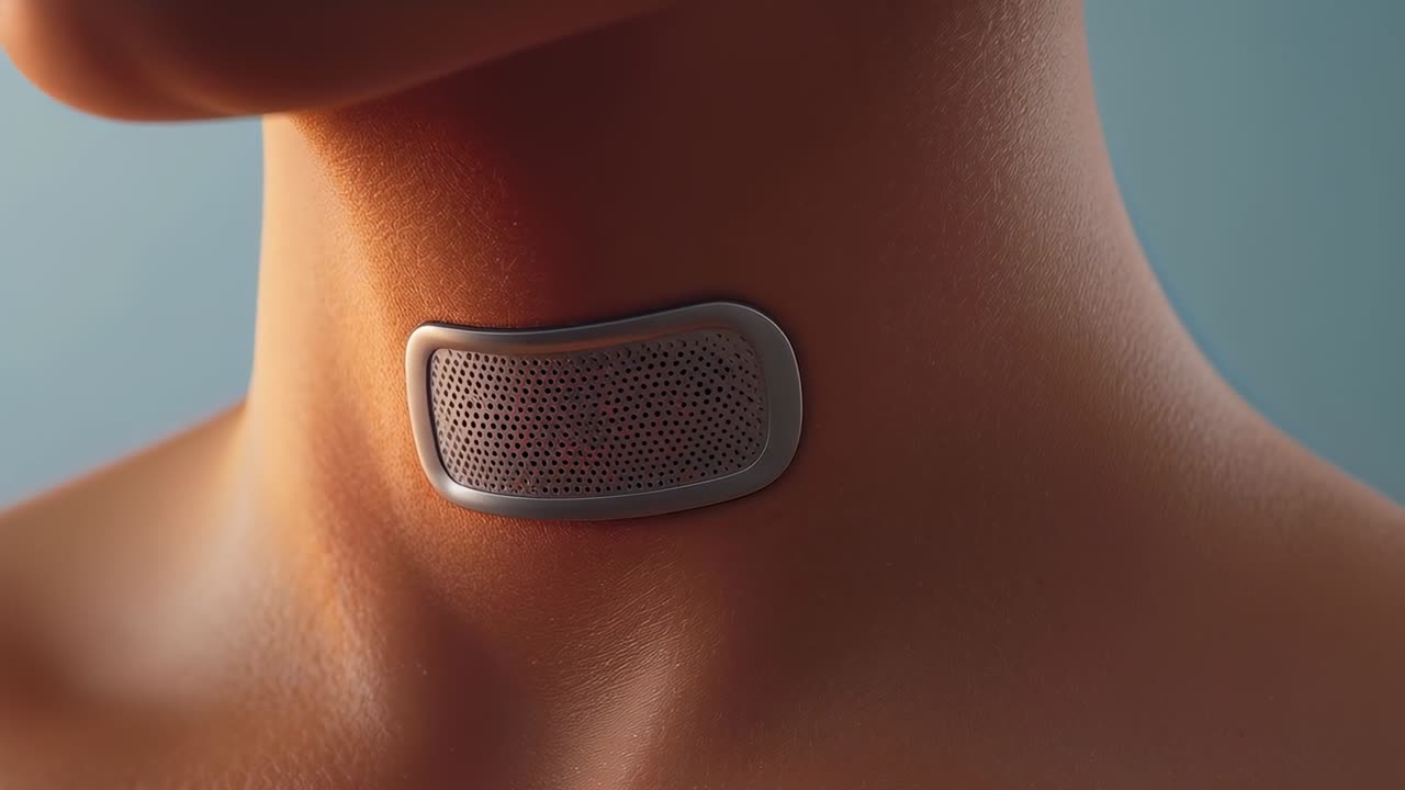 Zoom della camera che mette a fuoco il collo con spalle scoperte in uno studio privato, mostrando una griglia perforata