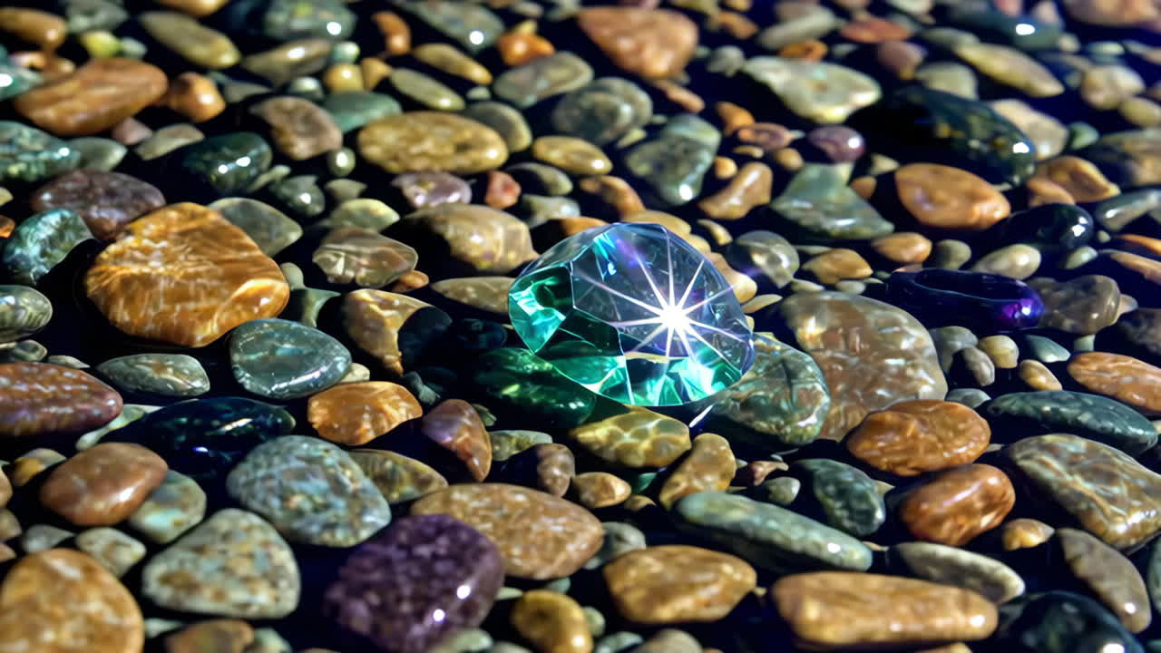 A sparkling teal gemstone among wet river rocks