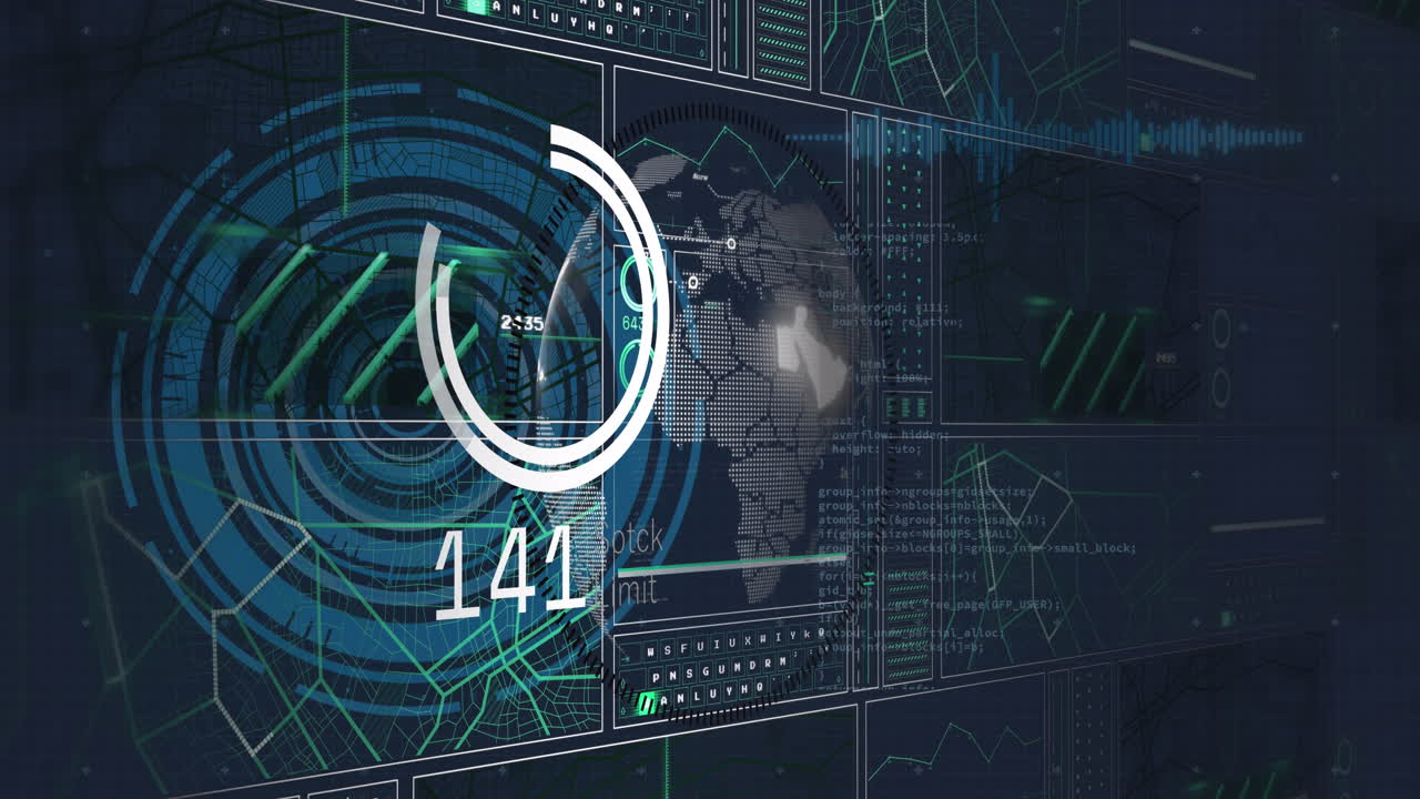 animación del procesamiento de datos y globo sobre fondo negro