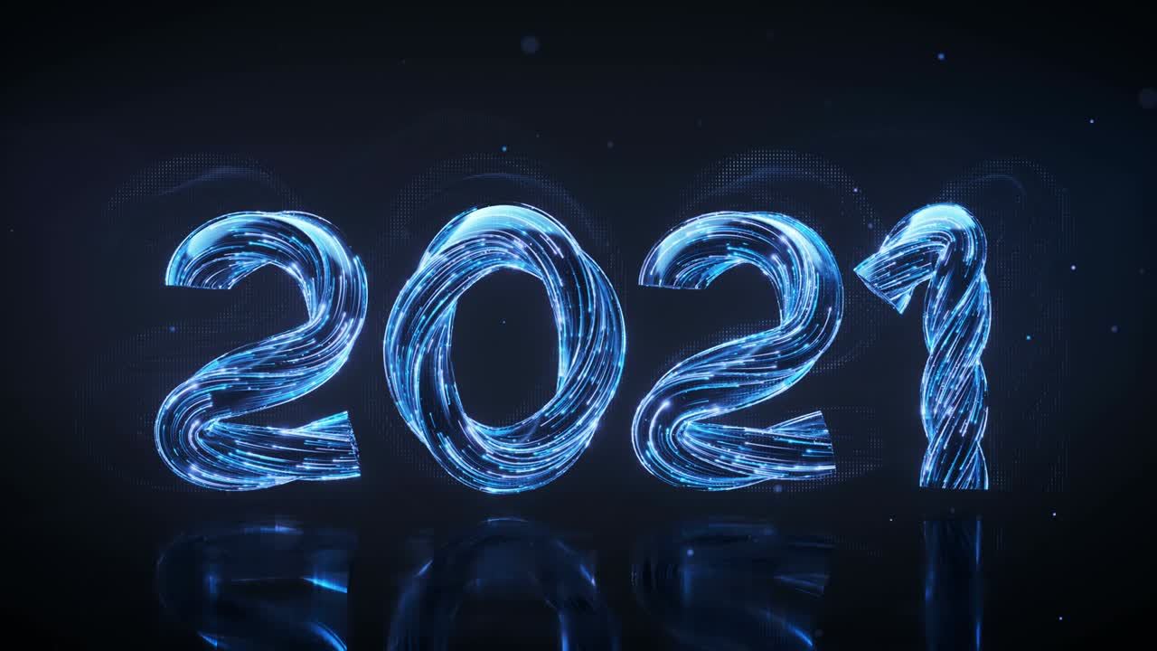 Text 2021 of glowing blue light trails 3D render seamless loop animation