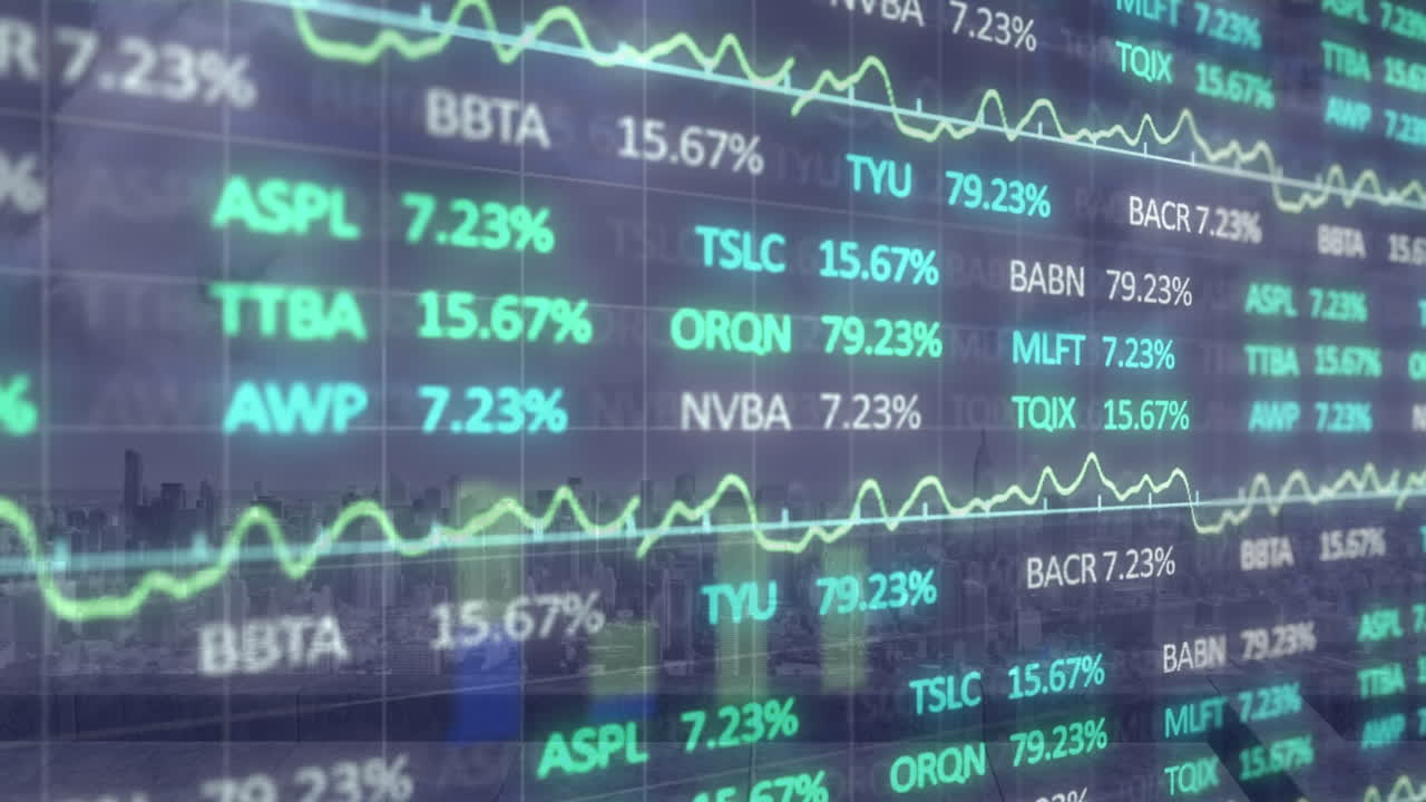 Animazione di tabellone di trading su grafico a barre con mare e città moderna sullo sfondo