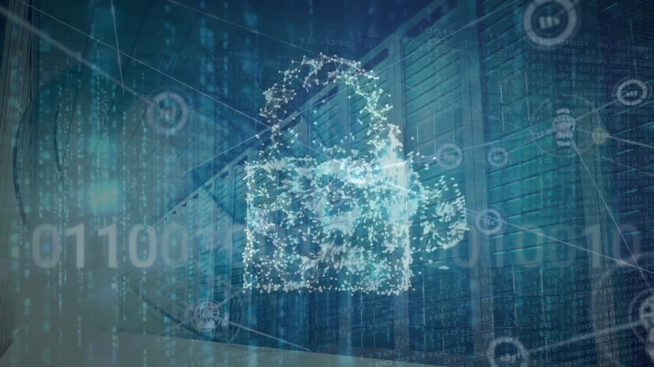 Animation of cloud icon, binary coding and digital data processing over computer servers