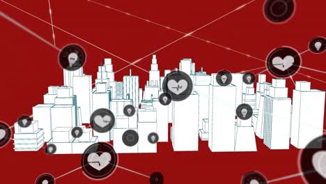 Animation-of-network-connections-with-heart-beat-and-location-icons