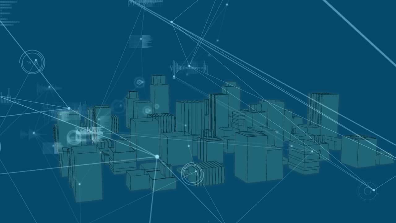 Animation of network of connections and data processing over city on blue background