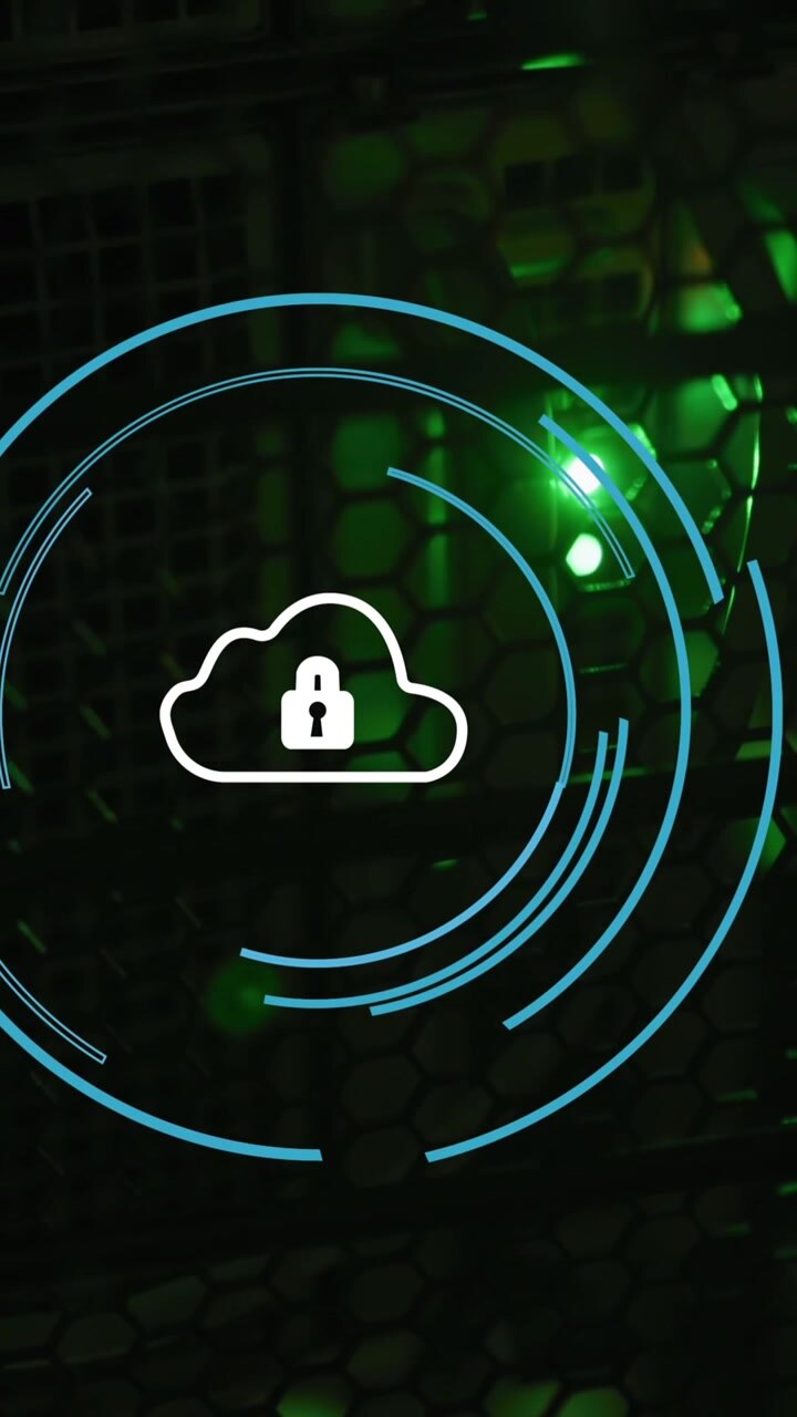 Animation of security padlock icon over cloud against close up of a computer server