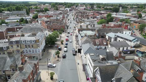 busy-High-street-Newmarket-town-Suffolk-UK-Aerial-drone,-aerial-view