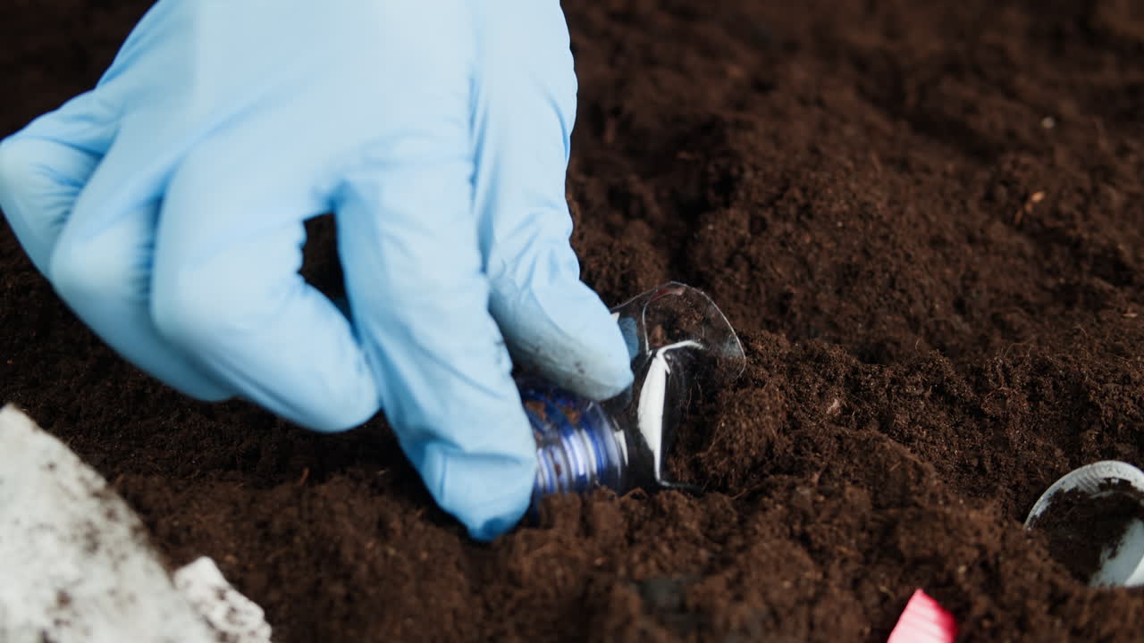Cleaning up Waste in Soil with Gloves and Tools