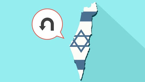 animation of a long shadow israel map with its flag and a comic balloon with a turn back arrow