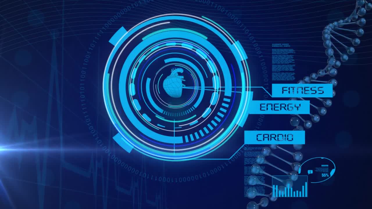 Animation of scope scanning with human heart and medical data processing on digital screen