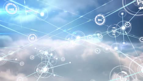 animation of network of connections with icons on cloudy sky in background