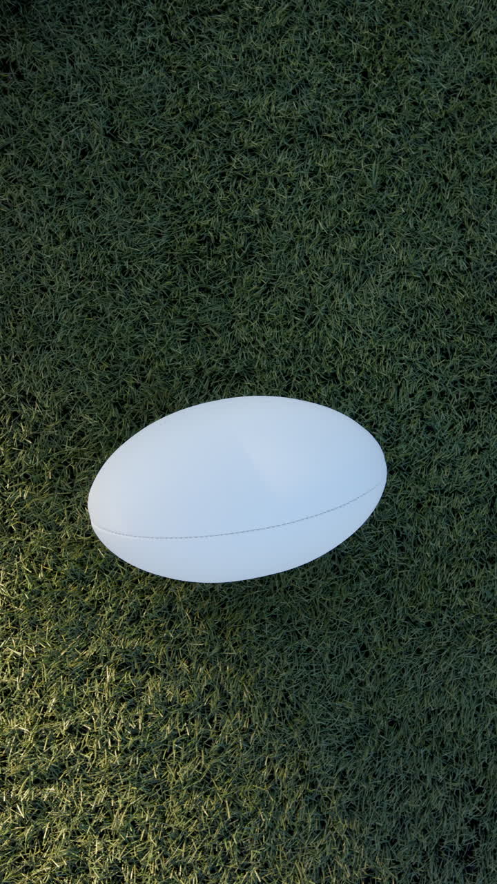 Vertical video: Rugby ball resting on green grass, ready for outdoor sports action