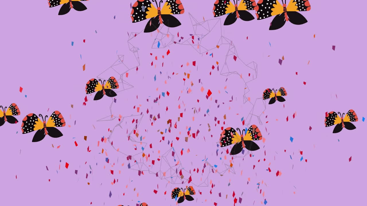 보라색 배경에 오렌지색 나비와 함께 떨어지는 콘페티의 애니메이션