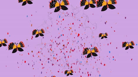 animazione di confetti che cadono con farfalle arancione su sfondo viola
