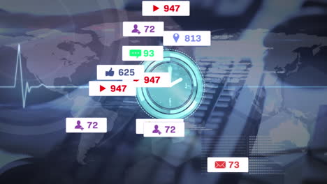 animación de procesamiento de datos e íconos de medios sobre hombre caucásico usando computadora.