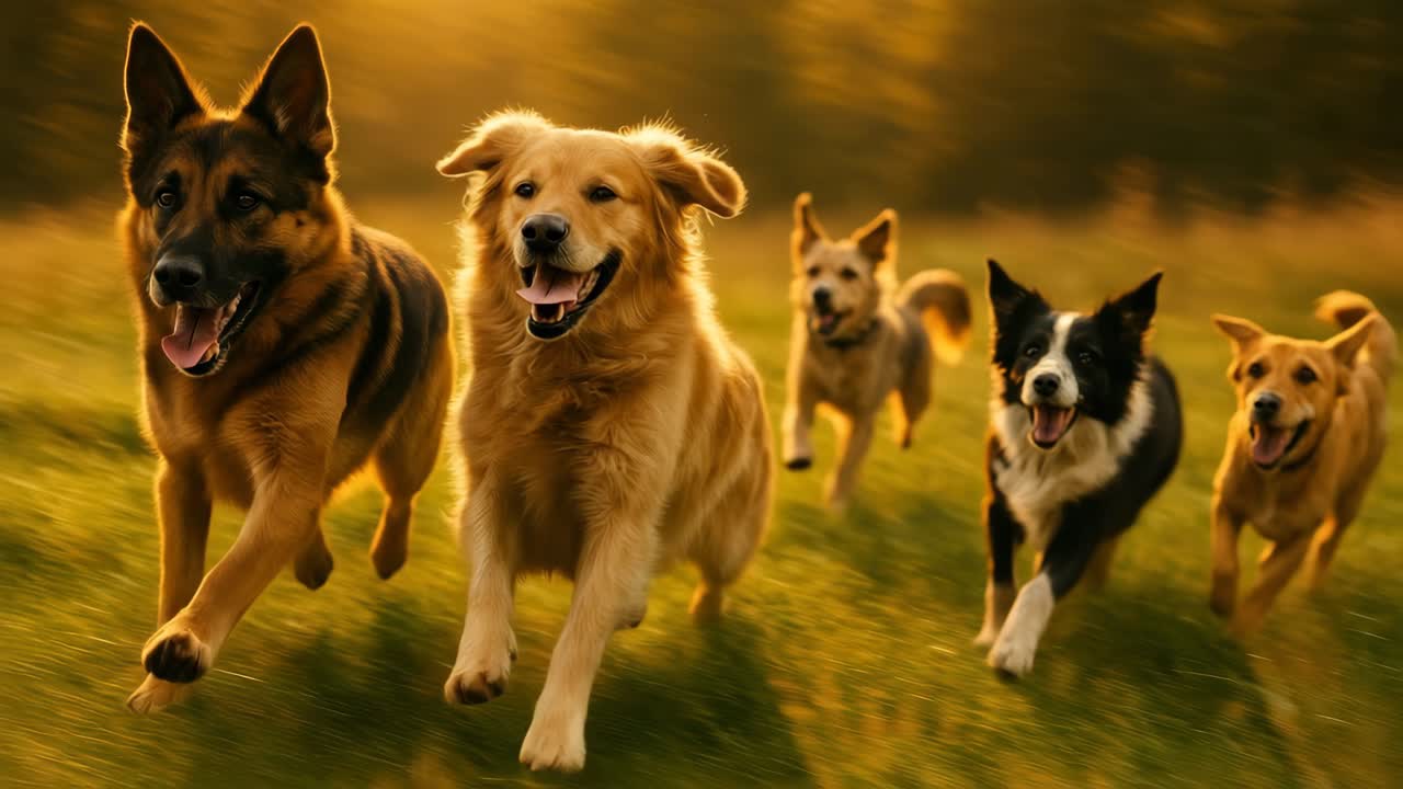 Dynamic video still of five dogs running joyfully in a sunlit field, captured from a low-angle