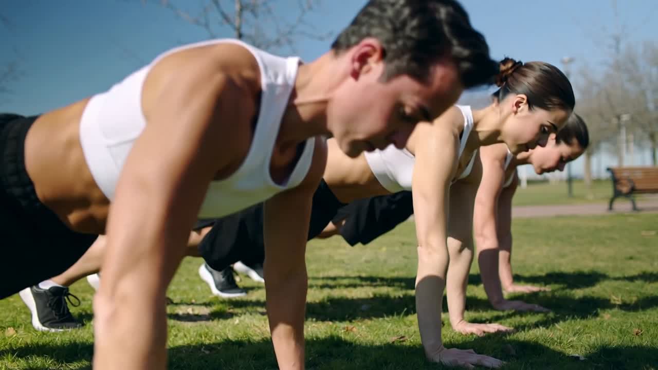 Hombre al frente iniciando flexiones sincronizadas, tres adultos entrenando en el césped del parque, con acercamiento de cámara.