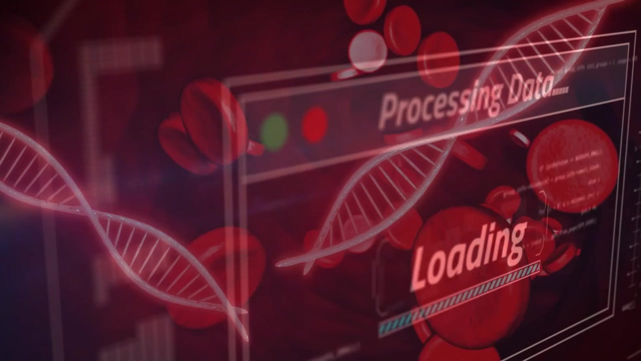 Red cells drifting from top-right causing DNA helix sweeping, UI fading, loading showing processing