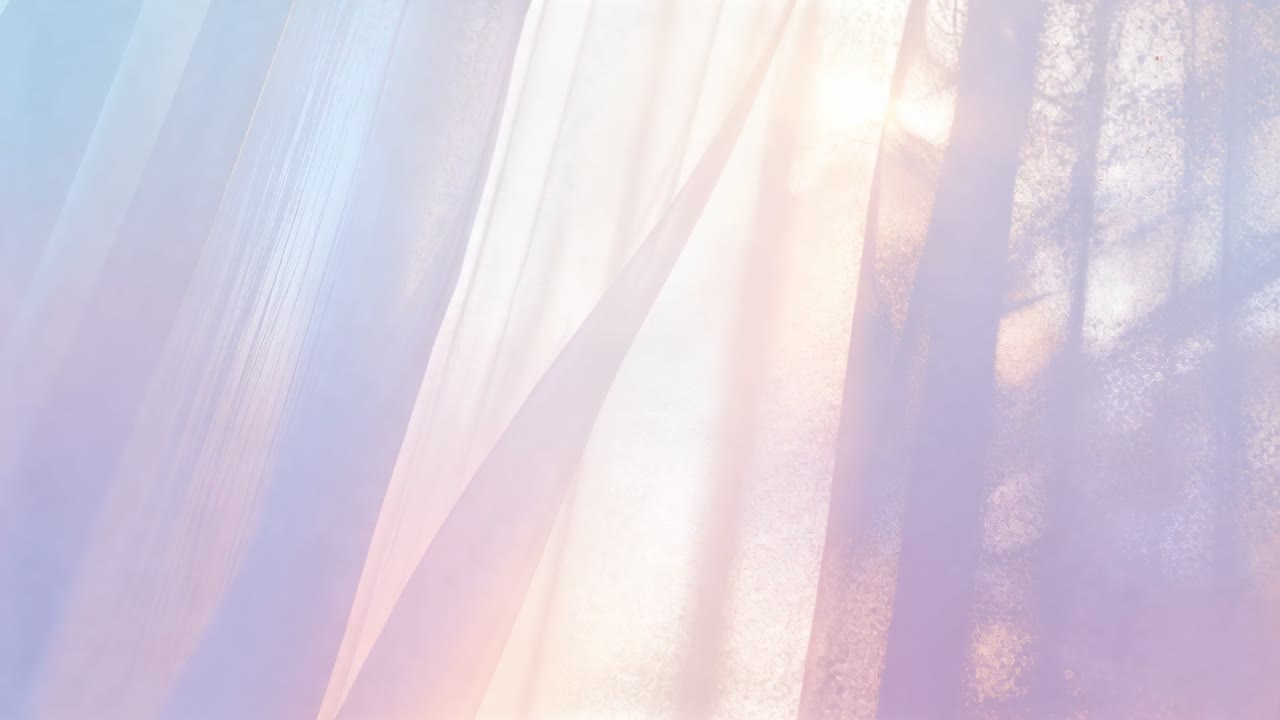 Shifting sunlight filtering through sheer curtains at bedroom window, revealing window shadows