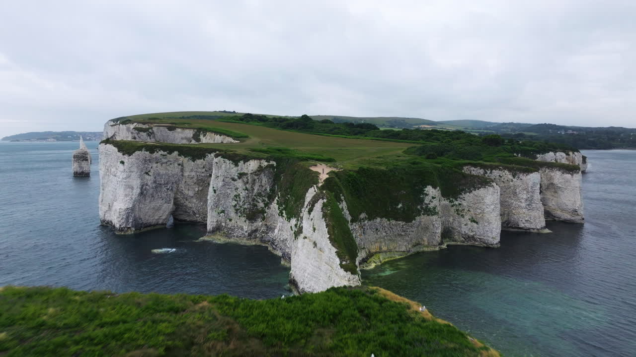 Closeup View Of Chalk Cliffs Of Old Harry Rocks In England, UK. - aerial shot