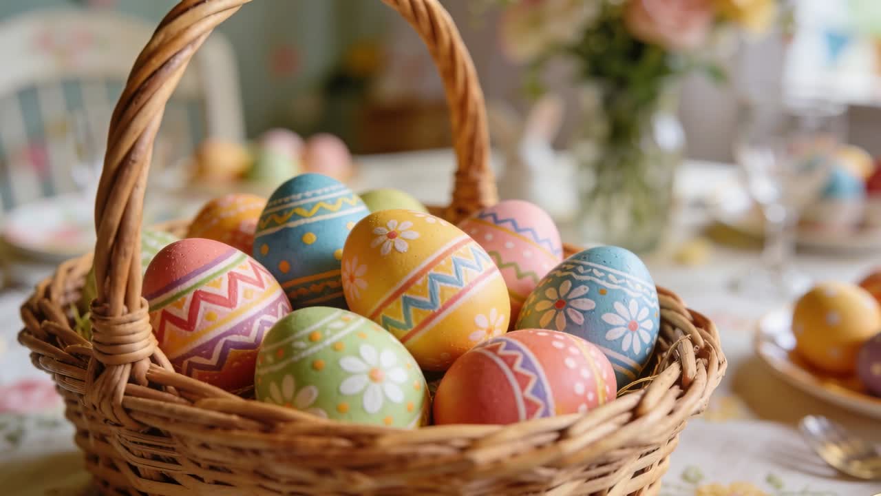 Camera pushing in on wicker basket of decorated Easter eggs on dining table, highlighting details