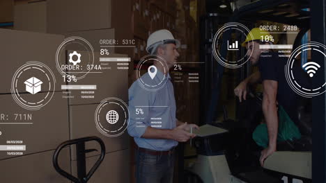 animation of data processing against caucasian male supervisor and worker discusssing at warehouse