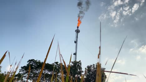 Gas-flare-industry,-high-flame-polluting-environment,-low-angle,-static,-day